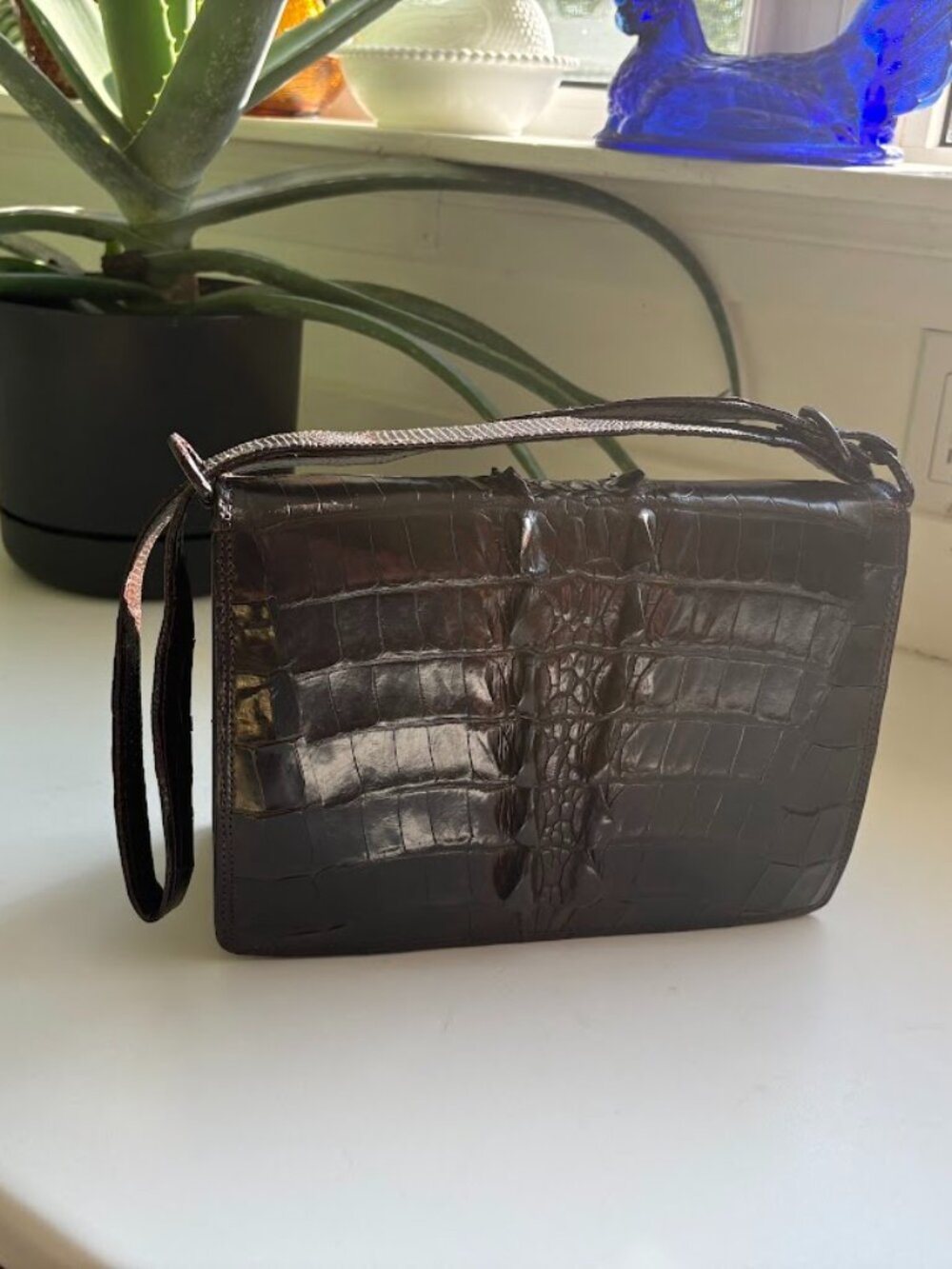Vintage Genuine Alligator Leather Handbag Brown Hornback Top Handle Purse